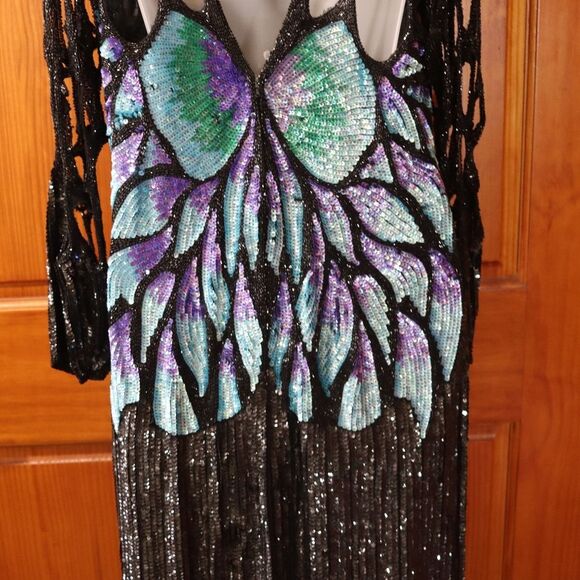 Vintage 80s Silk Sequin Peacock Butterfly Evening Gown Maxi Dress - Picture 7 of 16